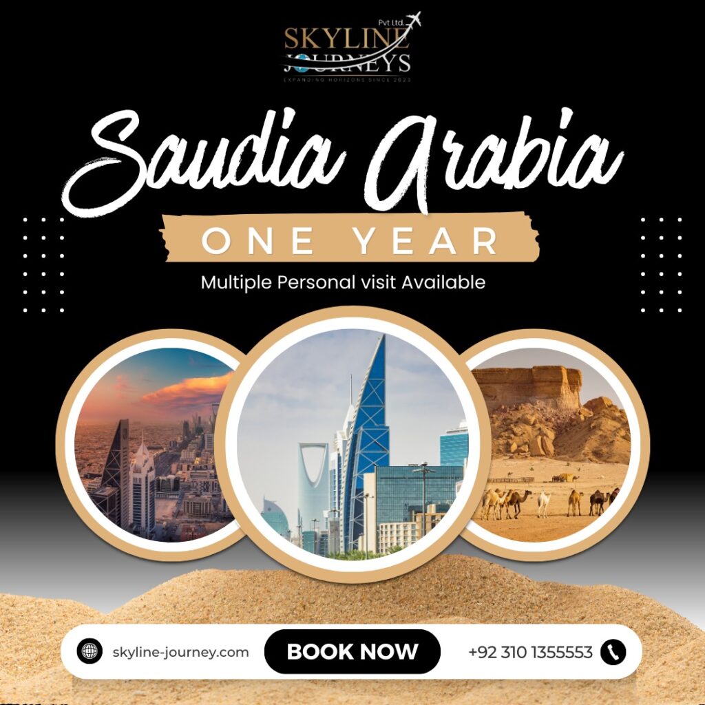 One-year Saudi Arabia visit package by Digipath Agency with cityscapes and desert landscapes.