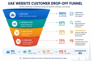 Funnel diagram showing UAE website visitors dropping off between site visit, product view, cart, and completed purchase